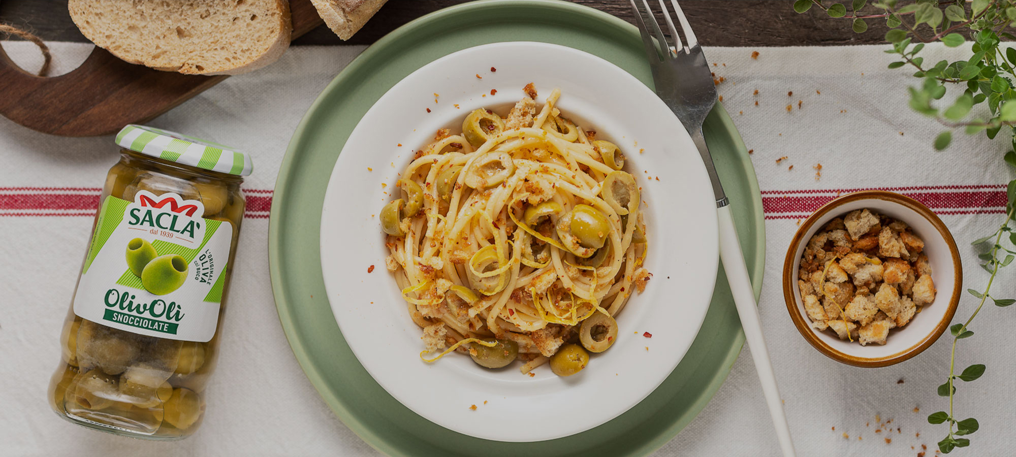 SPAGHETTI WITH PITTED GREEN OLIVES, PARMESAN &amp; LEMON BREADCRUMBS